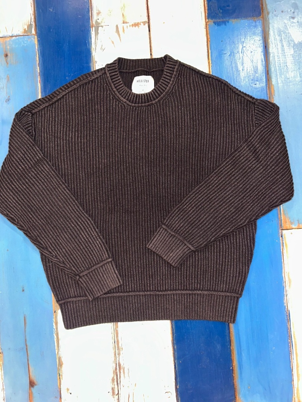 Hollister Women's Medium Charcoal Gray Ribbed Knit Boxy Fit Crewneck Sweater